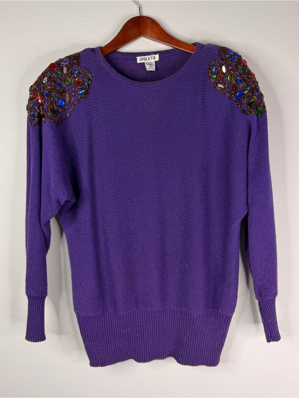 Rare Vintage Spoleto Purple Jeweled Beaded Shoulder Knit Sweater Size L